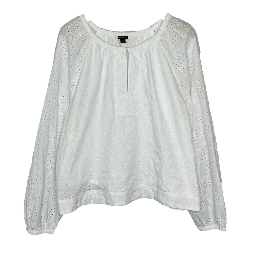 Women's XXL Ann Taylor Keyhole White Eyelet Boho Peasant Blouse Summer